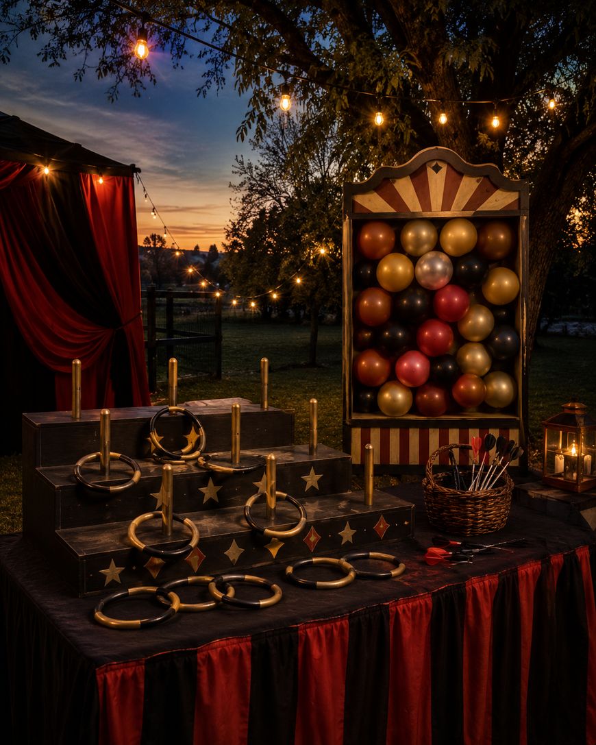 A carnival ring toss game set up outdoors at dusk with colorful balloons, gold pegs, decorated rings, string lights, and red and black curtains.