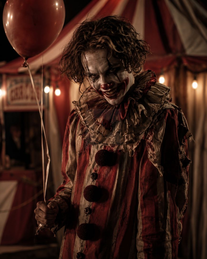 A creepy clown in tattered, dirty costume and smeared makeup holds a red balloon, standing in front of a dimly lit circus tent at night.