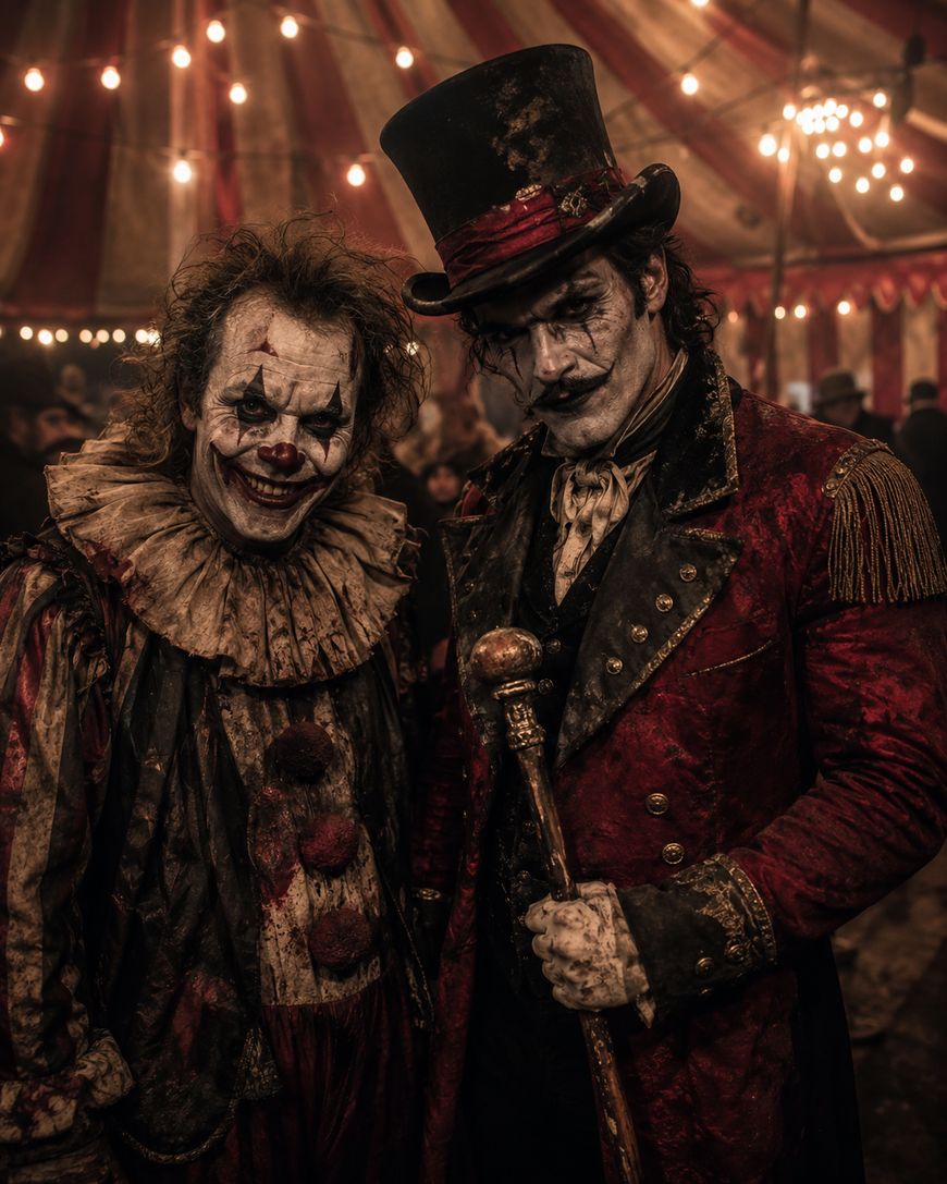 Two men in creepy, vintage circus costumes and makeup stand under circus lights. One wears a clown outfit, the other a red ringmaster coat with a top hat and cane. Both have eerie expressions and smudged face paint.
