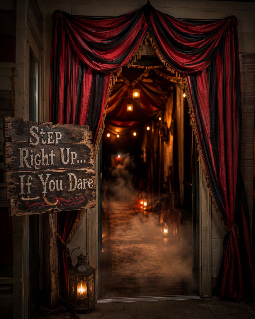 A dimly lit entrance draped in red and black curtains has a sign reading, Step Right Up... If You Dare. Lanterns and fog line the hallway, creating a spooky, mysterious atmosphere.