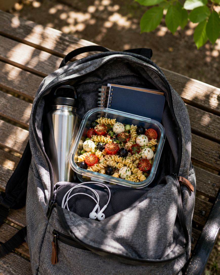 A gray backpack on a wooden bench holds a stainless steel water bottle, notebook, earbuds, and a glass container of pasta salad with tomatoes and mozzarella balls. Sunlight and tree leaves cast dappled shadows.