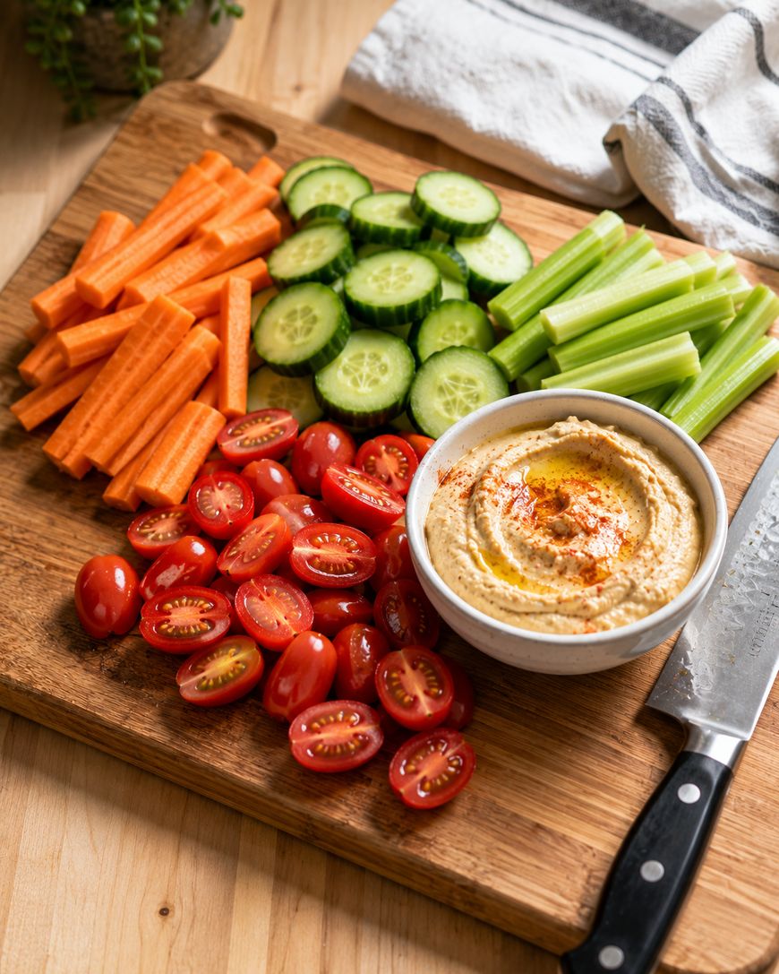 A wooden board with sliced carrots, cucumbers, celery, cherry tomatoes, and a bowl of hummus topped with paprika and olive oil. A knife and a cloth napkin are beside the board.