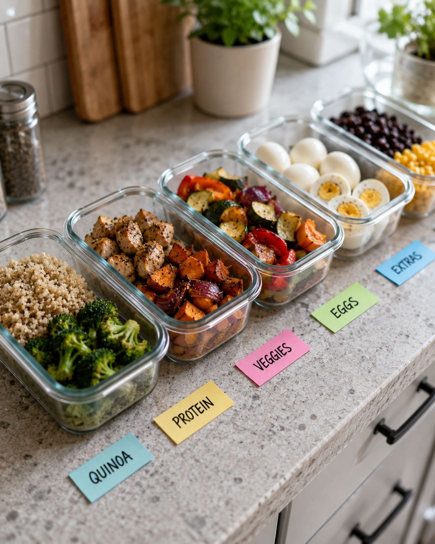 Five glass containers with foods labeled quinoa, protein, veggies, eggs, and extras are lined up on a kitchen counter for meal prep. Colorful sticky notes label each food category.