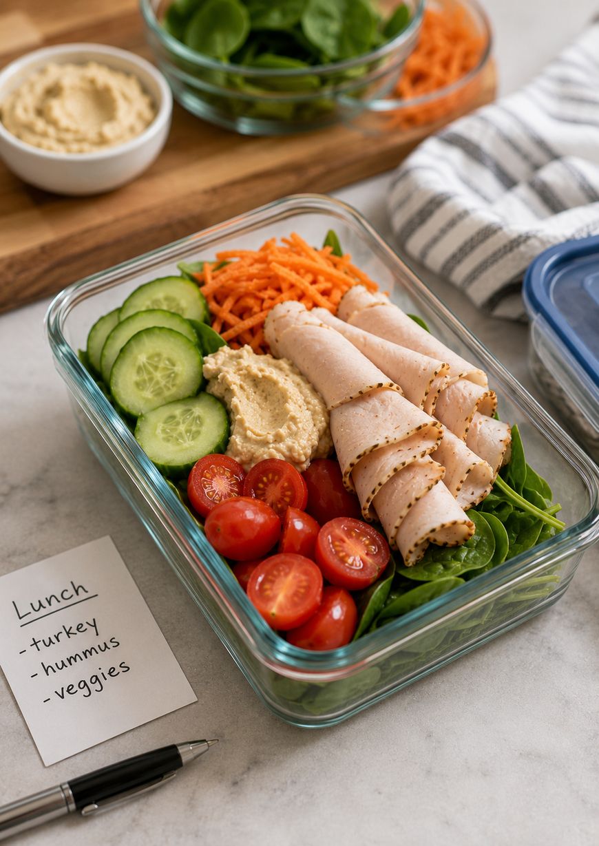 Glass container with turkey slices, hummus, cherry tomatoes, cucumber slices, shredded carrots, and greens. A note beside it lists: Lunch - turkey, hummus, veggies. A bowl of hummus and leafy greens are in the background.
