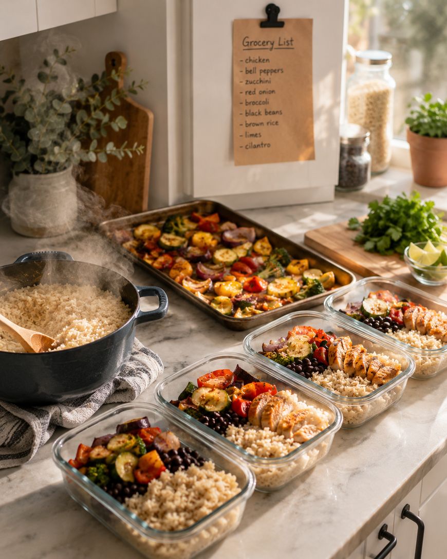 Four meal prep containers with brown rice, grilled chicken, black beans, and roasted vegetables sit on a kitchen counter beside a steaming pot of rice, a tray of veggies, and a grocery list on a clipboard.