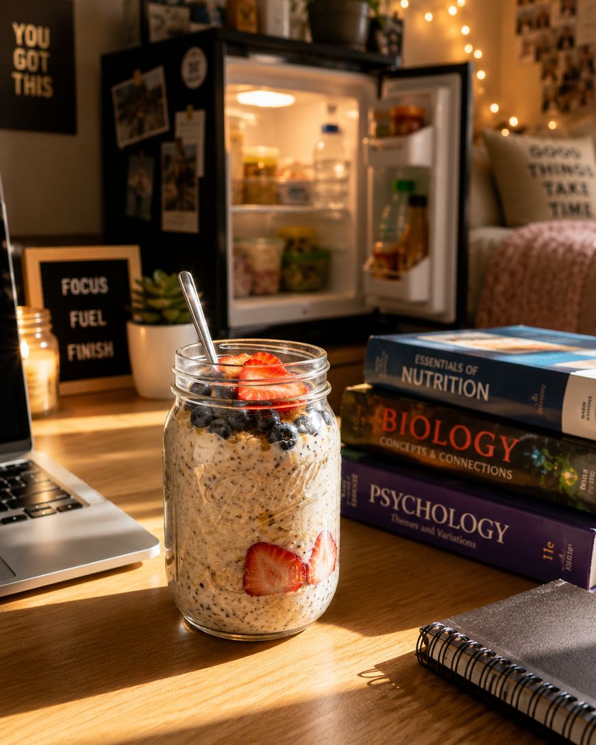 A jar of overnight oats topped with strawberries and blueberries sits on a desk beside a laptop, notebooks, and textbooks, with an open fridge and cozy dorm room in the background.