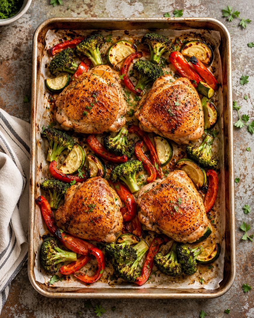 Baking sheet with four seasoned chicken thighs surrounded by roasted broccoli, zucchini, and red bell peppers on parchment paper. A striped towel is partially visible on the side.