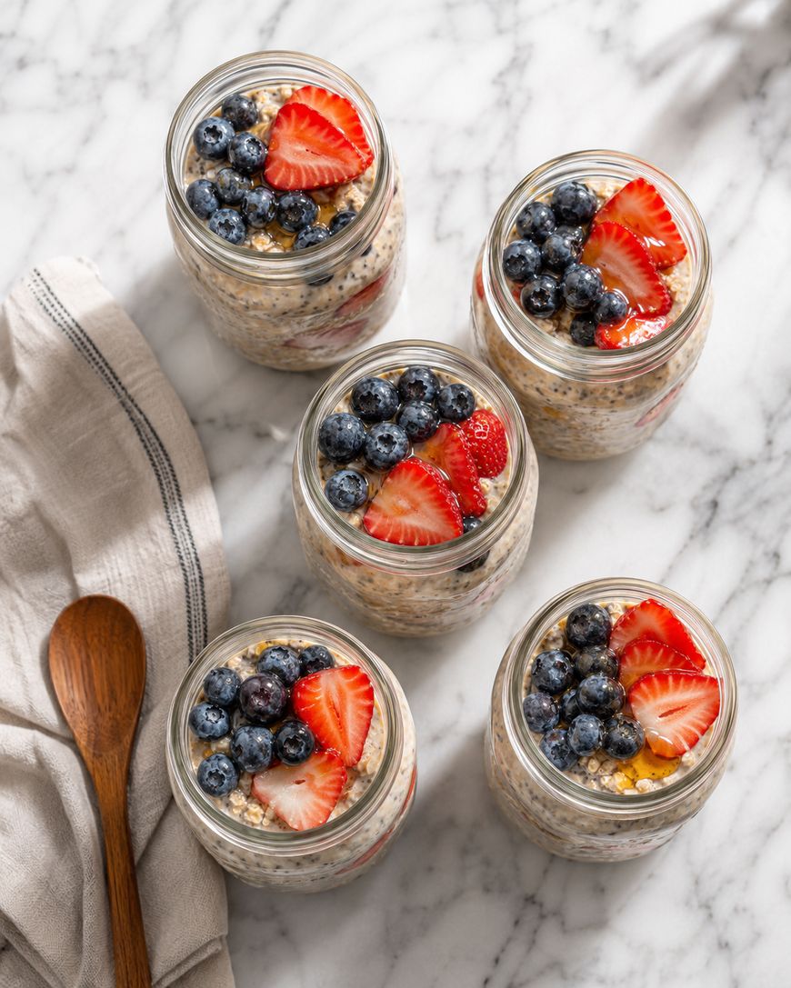 Five glass jars filled with overnight oats, topped with blueberries and sliced strawberries, are arranged on a marble surface near a wooden spoon and a folded cloth napkin.