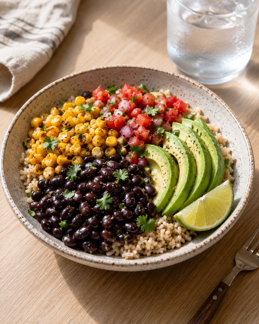 A bowl of brown rice topped with black beans, corn, diced tomatoes, sliced avocado, lime wedges, and cilantro. A glass of water and cloth napkin are nearby on a wooden table.