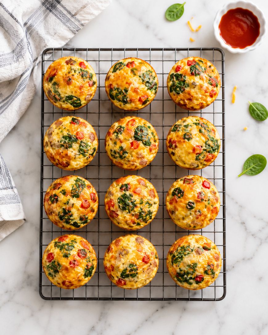 A cooling rack holds twelve egg muffins with spinach, tomatoes, and cheese on a marble surface. A gray-striped towel, baby spinach leaves, and a small dish of red sauce are nearby.