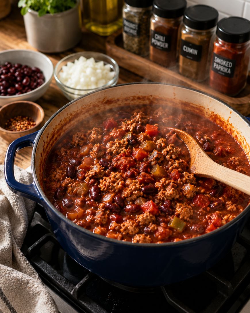 A blue pot of chili with ground meat, beans, and tomatoes simmers on a stove. A wooden spoon rests inside. Chopped onions, beans, and spice jars are on the counter in the background. Steam rises from the pot.