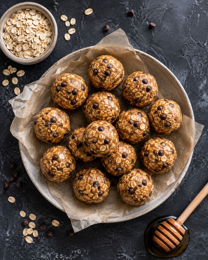 A bowl lined with parchment holds oat and chocolate chip energy bites. Nearby are a bowl of oats, scattered oats, chocolate chips, and a honey dipper.