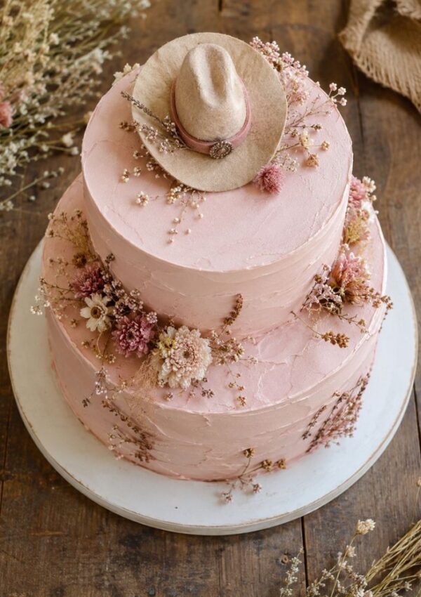 A two-tiered pink cake decorated with dried flowers and topped with a small cowboy hat on a wooden table.