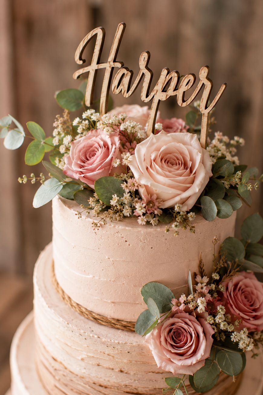 Two-tiered cake decorated with pink roses, eucalyptus leaves, and a wooden topper reading Harper. The cake has a rustic iced finish and sits against a wooden background.