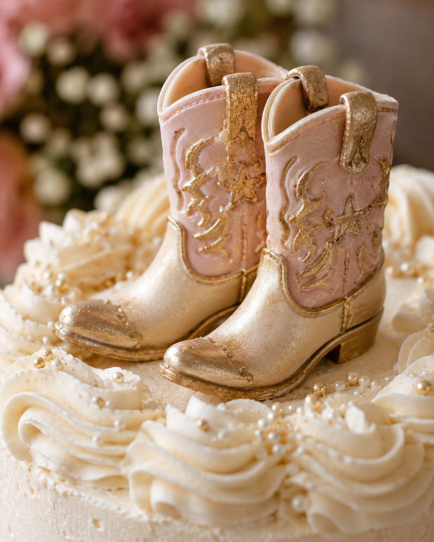 Cowboy boot cake toppers, decorated in pink and gold, sit on a white frosted cake with swirled icing and pearl-like sprinkles. Blurred flowers are visible in the background.