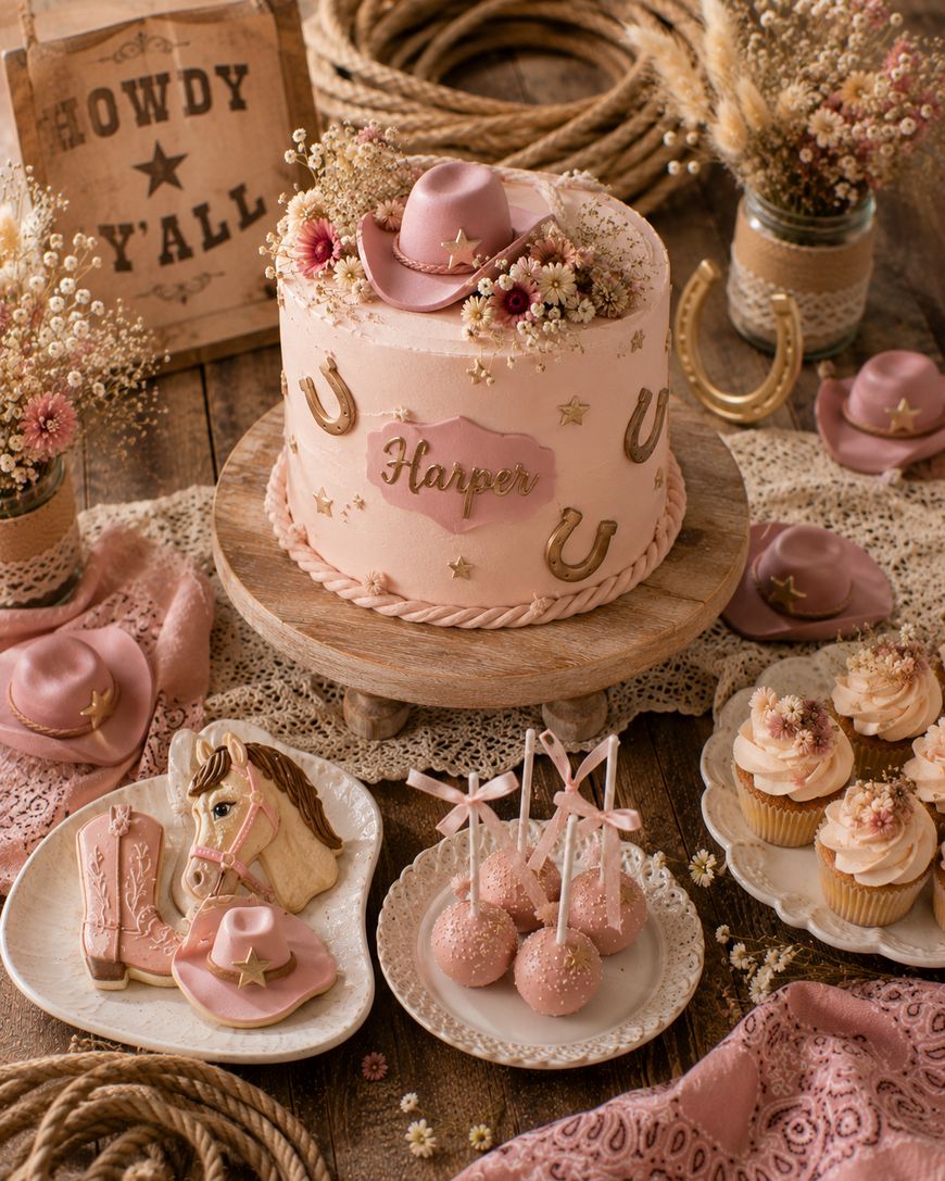 Pink cowboy-themed birthday setup with a cake, cookies, cupcakes, cake pops, and cowboy hats, decorated with flowers, horseshoes, and a “Howdy Y’all” sign on a rustic wooden table.
