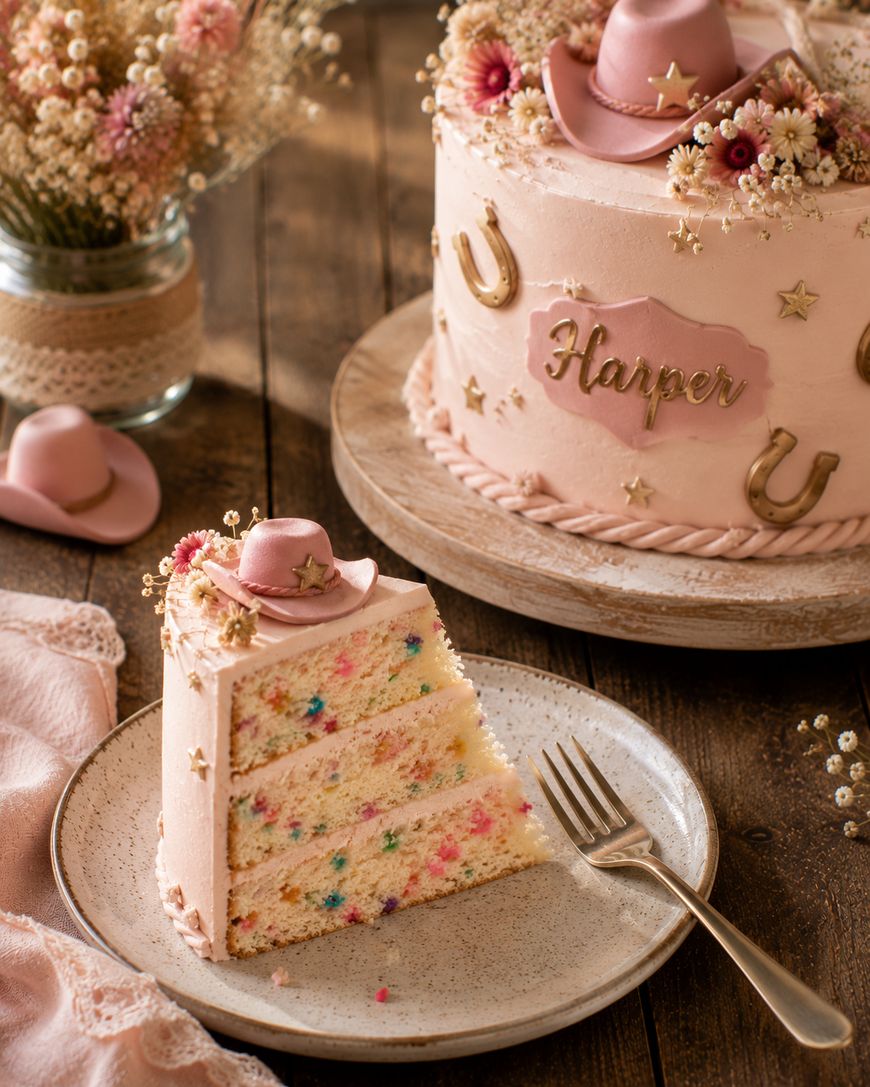 A slice of pink frosted cake with sprinkles sits on a plate beside a whole decorated cake with cowboy hats, flowers, and horseshoes. Harper is written on the large cake. A fork and flowers are also on the wooden table.