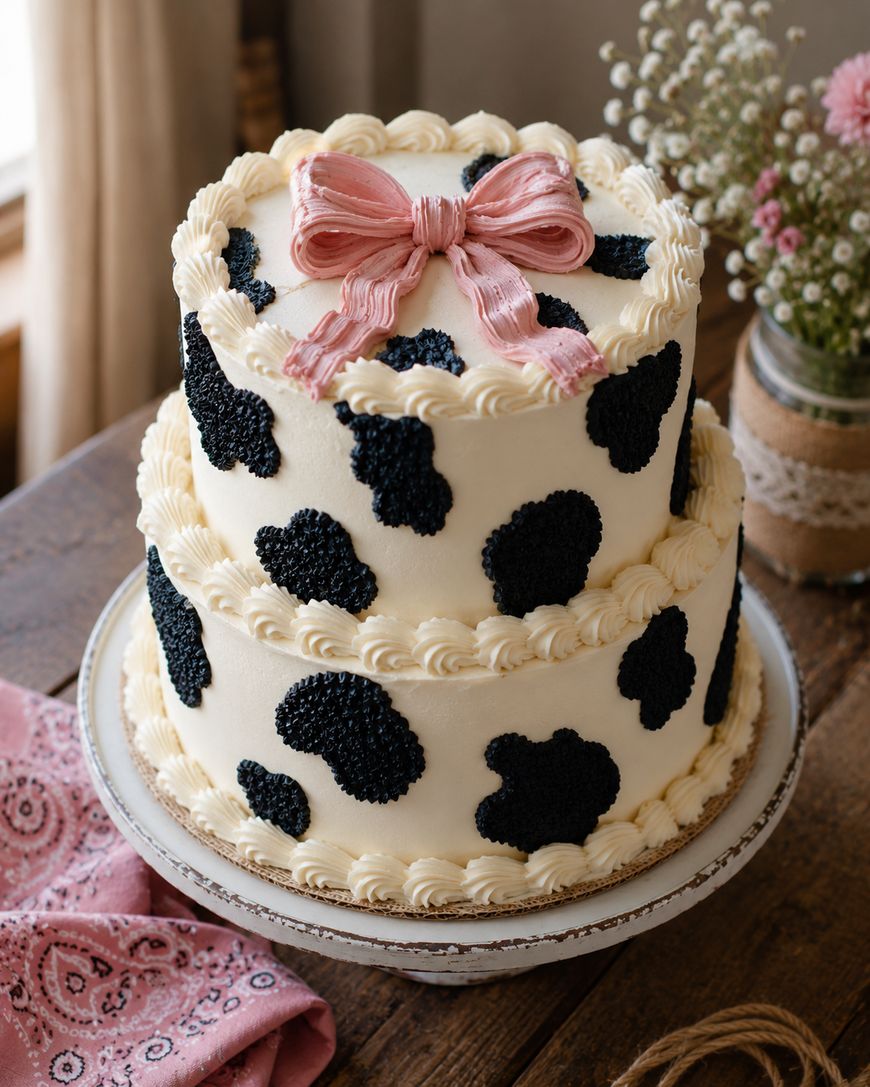 Two-tiered cake with white icing, black cow-like spots, piped borders, and a pink icing bow on top. The cake sits on a white stand on a wooden table with flowers and a pink bandana nearby.