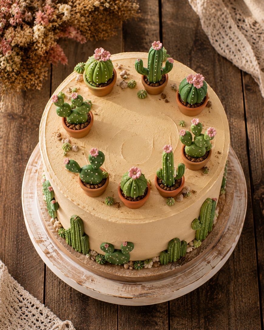 A round cake decorated with realistic icing cacti and succulents in small pots, set on a rustic wooden table with lace fabric and dried flowers nearby.