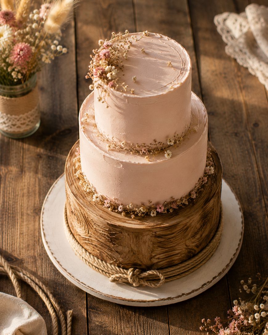 Two-tier rustic cake with pink frosting, decorated with small dried flowers and twine, sits on a white cake board on a wooden table, with lace and a jar of flowers in the background.