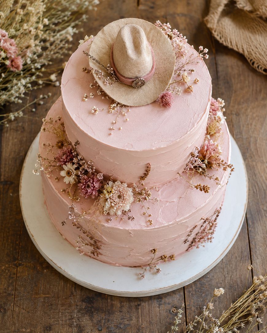 Two-tiered pink cake decorated with dried flowers and topped with a small beige cowboy hat. Cake sits on a white base, surrounded by rustic wooden table and more dried flowers.