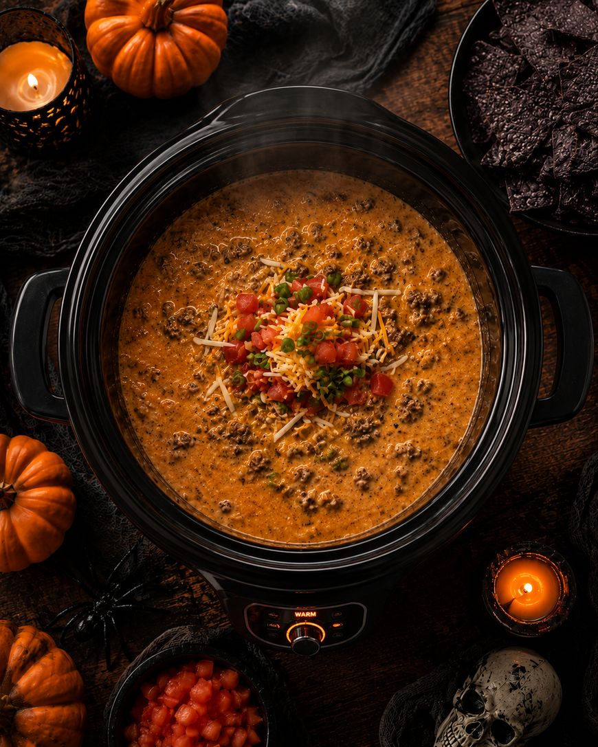 A slow cooker filled with cheesy beef dip, topped with shredded cheese and diced tomatoes, surrounded by pumpkins, candles, black chips, and Halloween decorations on a dark table.