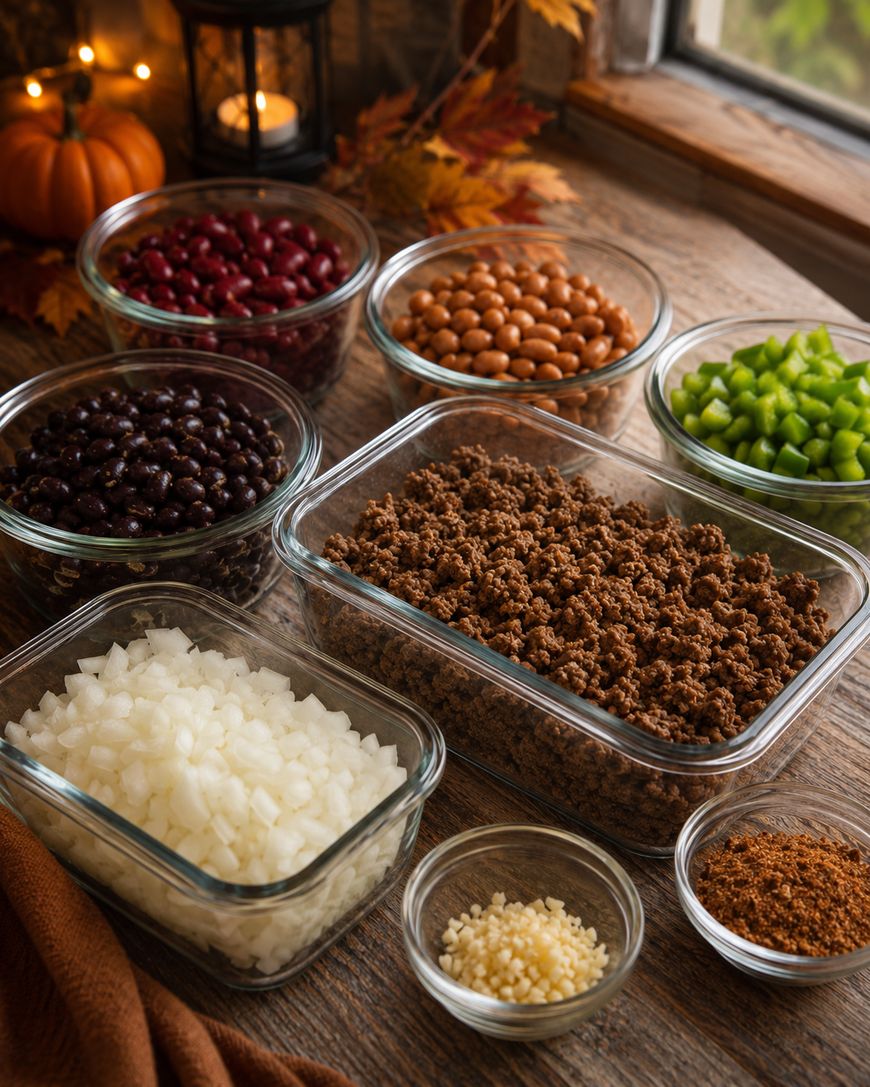 Glass bowls filled with chopped onions, green bell pepper, minced garlic, cooked ground beef, chili seasoning, kidney beans, black beans, and pinto beans on a wooden table with autumn decor.