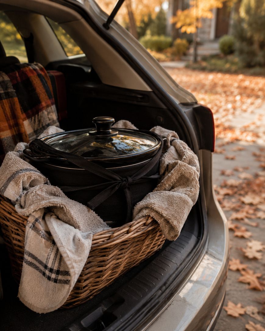 A wicker basket with a covered pot wrapped in towels sits in the open trunk of a car. Autumn leaves and a cozy blanket are visible, suggesting a fall picnic or gathering.