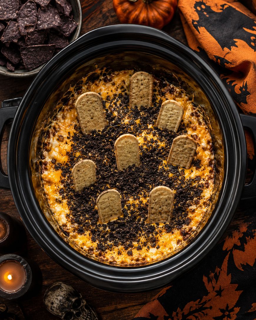 A spooky dip in a slow cooker topped with crushed cookies and upright cookie pieces resembling tombstones, surrounded by Halloween-themed decor and a bowl of blue corn chips.