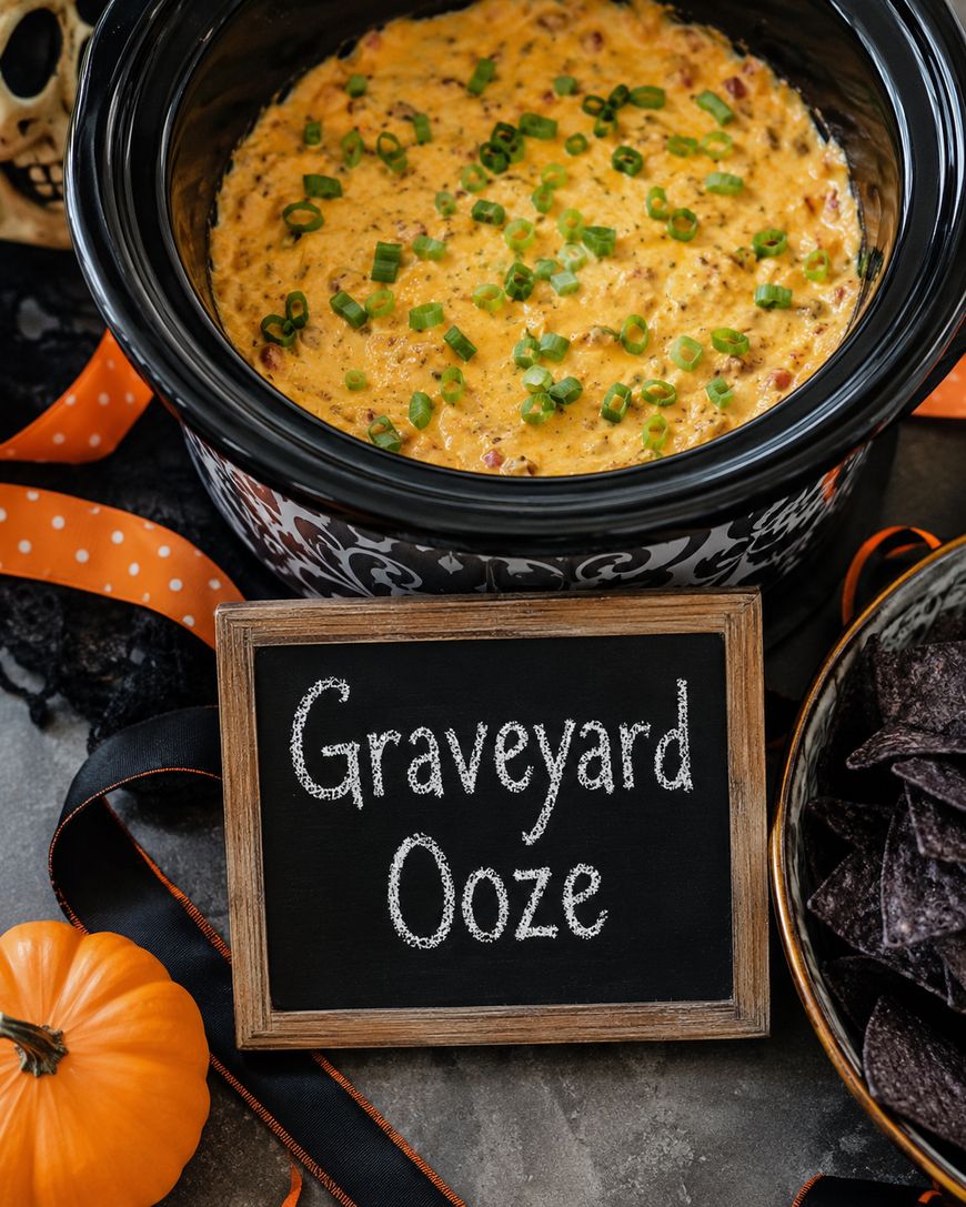 A crockpot filled with cheesy dip topped with chopped green onions sits behind a small sign reading Graveyard Ooze. Halloween decor, a mini pumpkin, and a bowl of blue corn chips are nearby.