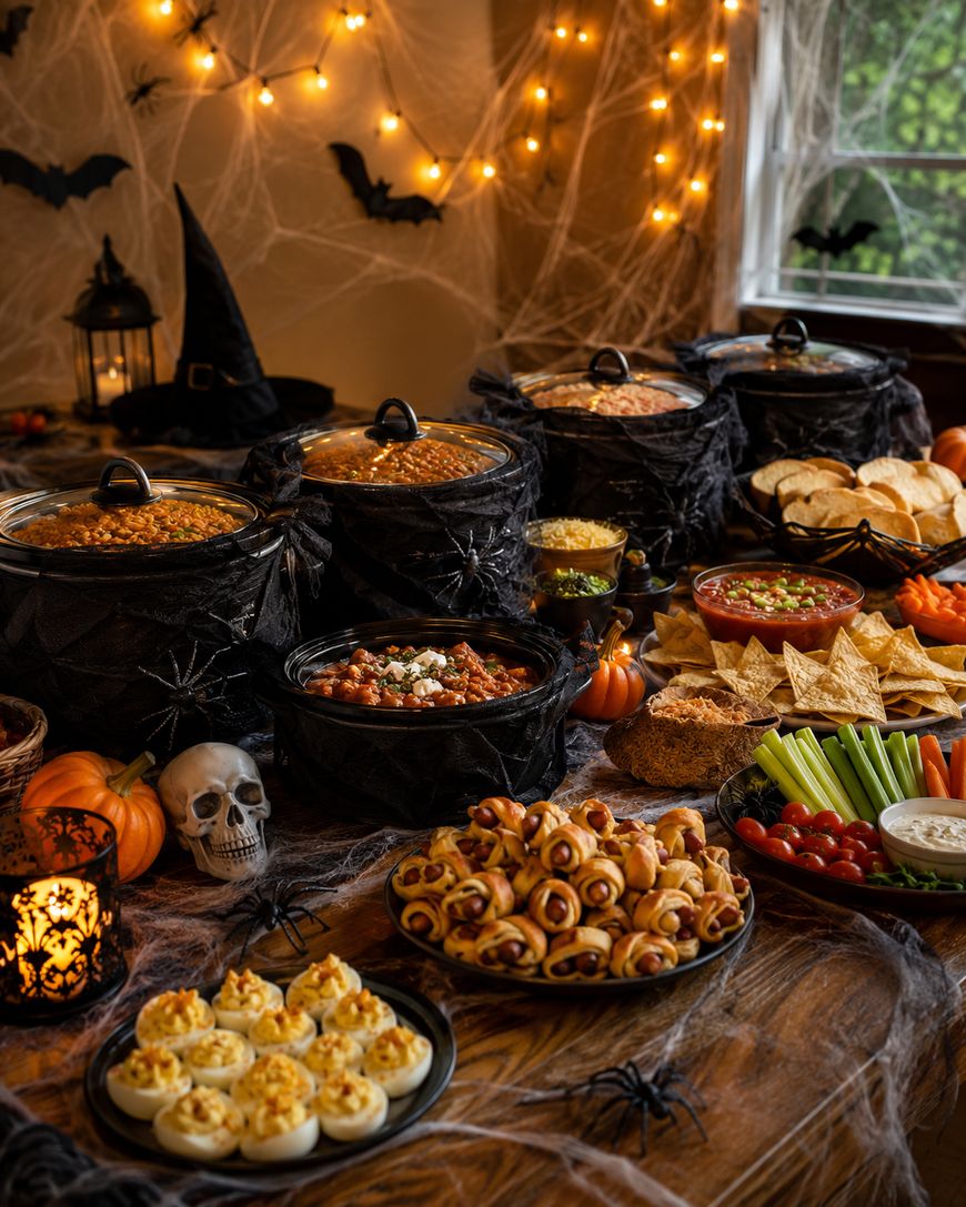 A Halloween-themed table with slow cookers, deviled eggs, pigs in blankets, chips, dip, veggies, a skull, pumpkins, black spiders, cobwebs, bats, a witch hat, and string lights.