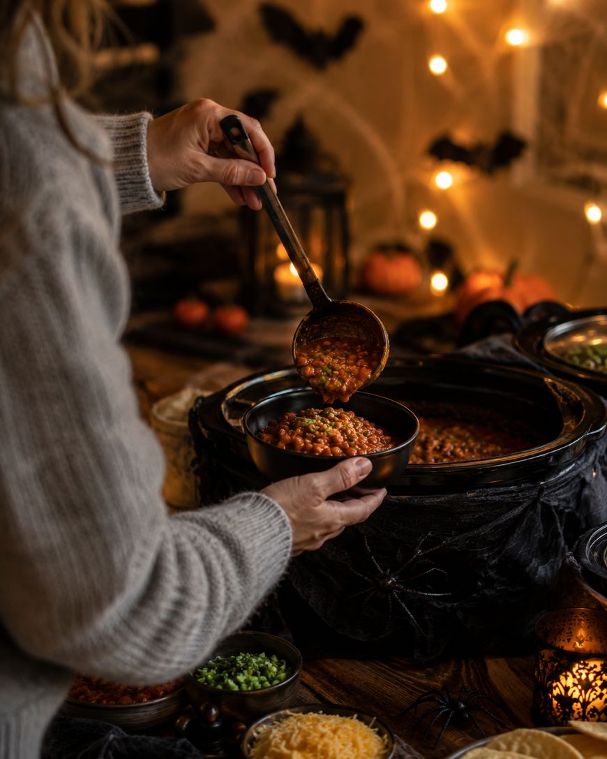 A person in a sweater ladles chili from a crockpot into a bowl. The table is decorated with Halloween items, pumpkins, and string lights, with various chili toppings in small bowls.