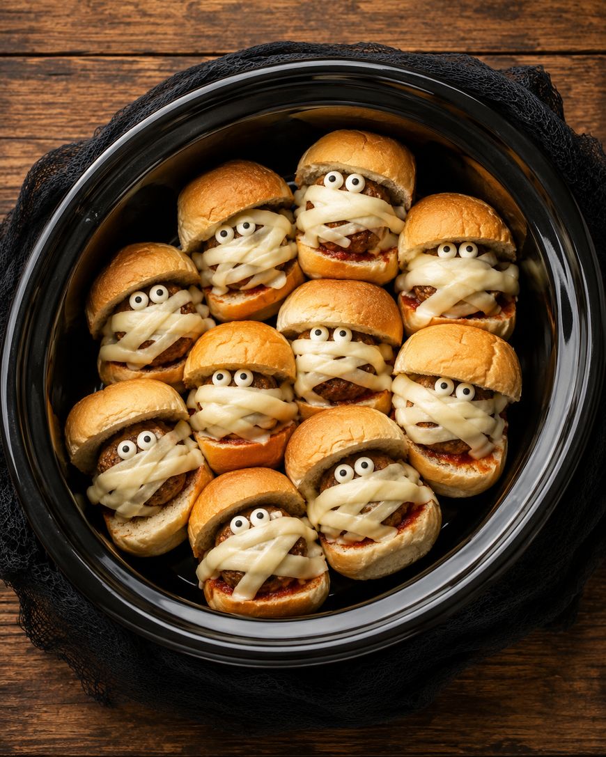 A round black dish holds ten mini sliders decorated to look like mummies, with cheese strips as bandages and edible eyes on top, all placed on a wooden surface.