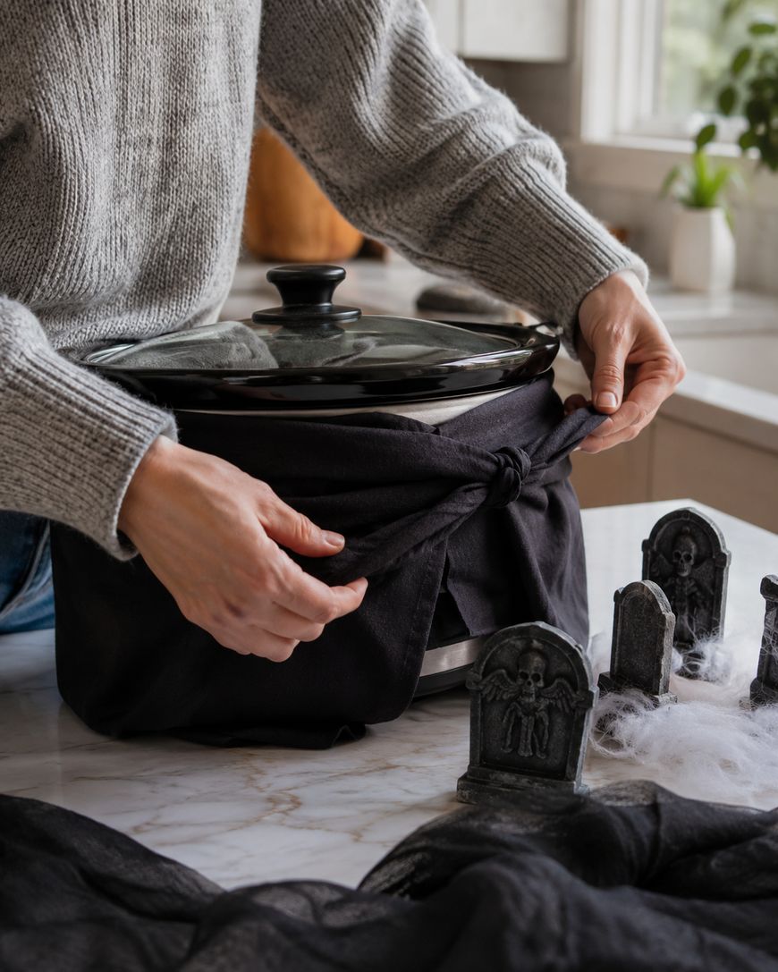 A person ties a black cloth around a slow cooker on a marble counter, with small decorative tombstones and fake cobwebs nearby for a Halloween theme.