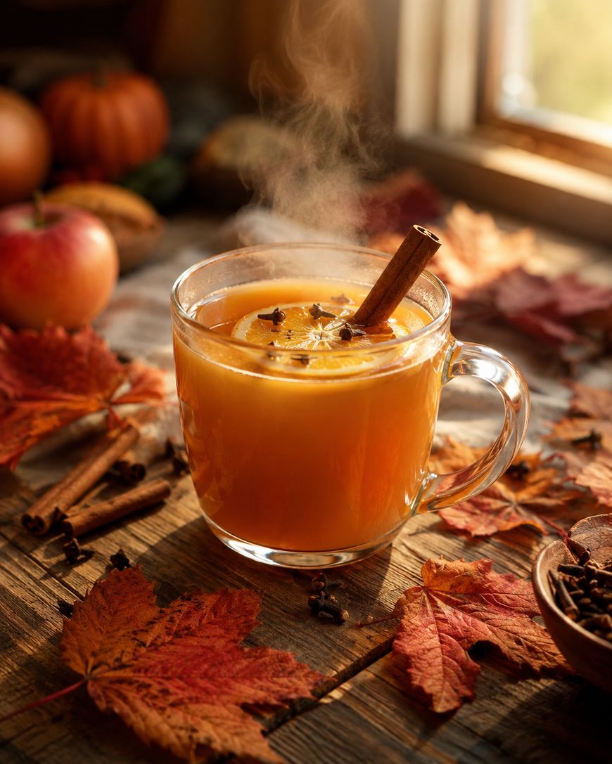 A steaming glass mug of apple cider with a cinnamon stick, surrounded by autumn leaves, apples, and spices on a rustic wooden table near a sunny window.