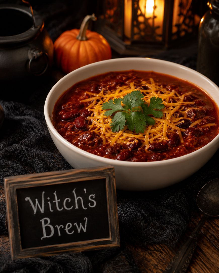 Bowl of chili topped with cheese and cilantro, labeled “Witch’s Brew,” set on a dark table with a pumpkin, lantern, cauldron, and spoon in the background for a Halloween theme.
