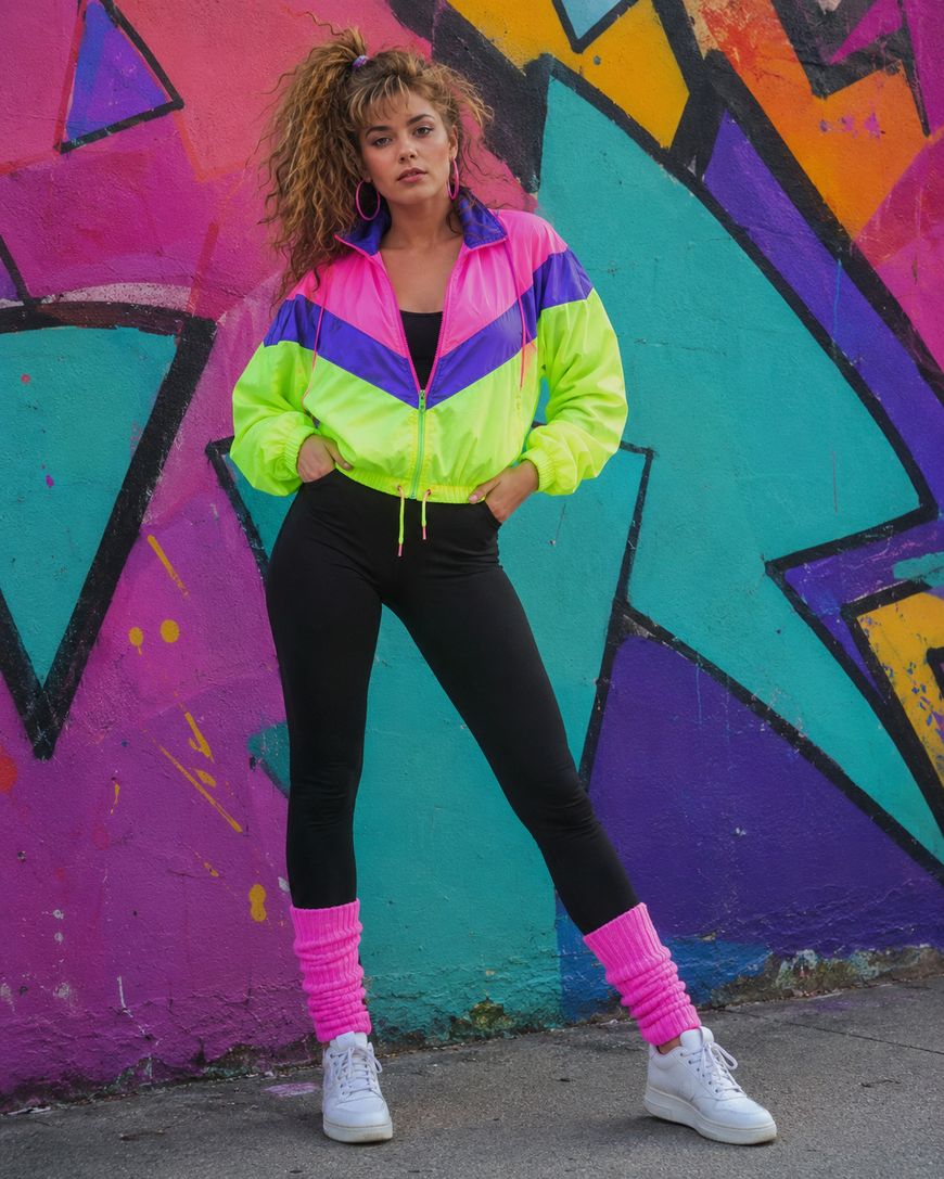 A woman in colorful 80s workout attire stands confidently in front of a vibrant, geometric graffiti wall. She wears a neon jacket, black leggings, pink leg warmers, and white sneakers.
