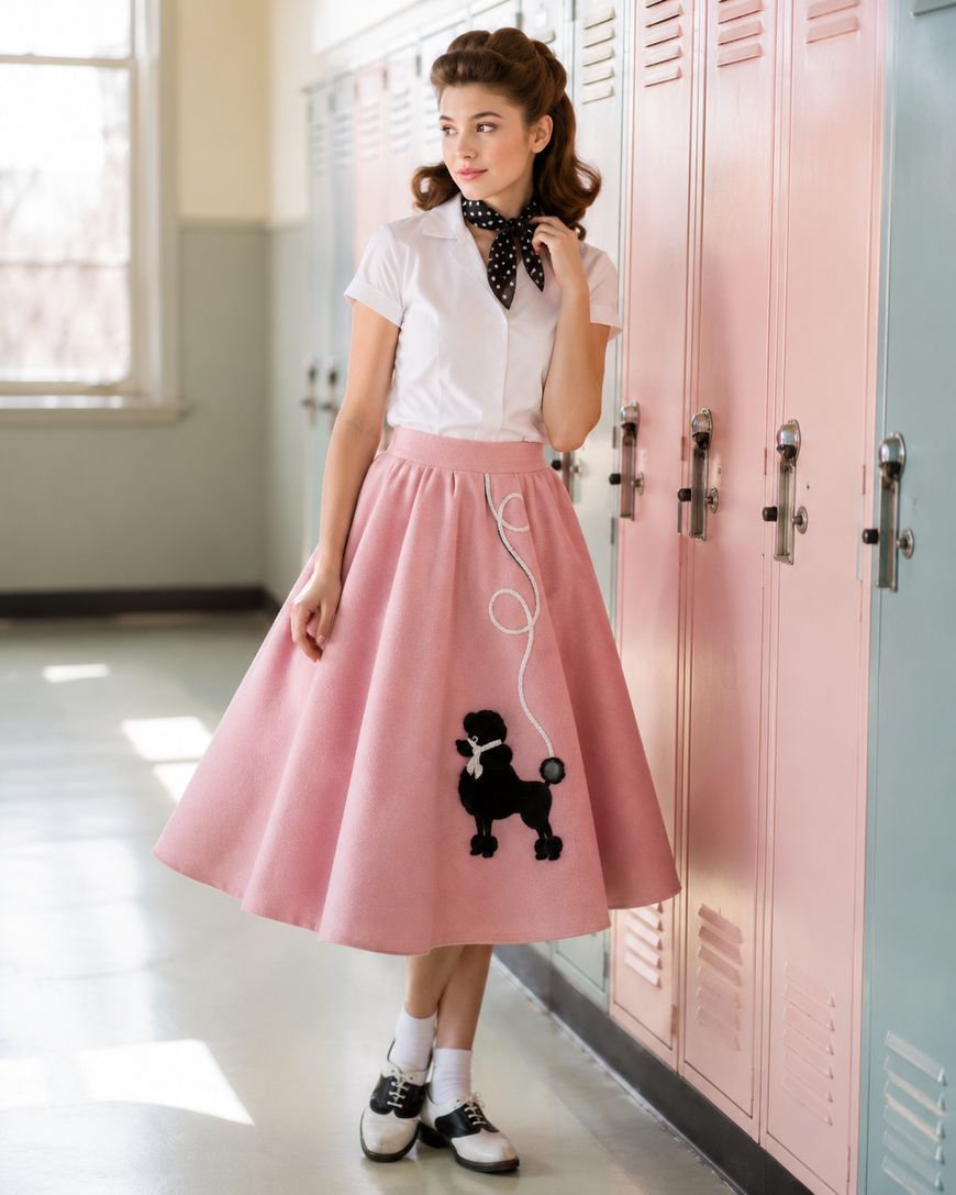 A woman in a white blouse, pink poodle skirt, and saddle shoes stands by pastel lockers, looking to the side. She wears a black polka-dot scarf and has vintage-styled hair.