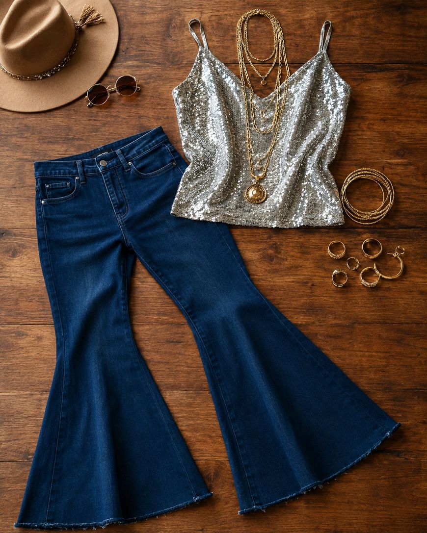 Flat lay of flared blue jeans, a silver sequin camisole, layered gold necklaces, bracelets, rings, round sunglasses, and a tan hat with a band, all on a wooden surface.