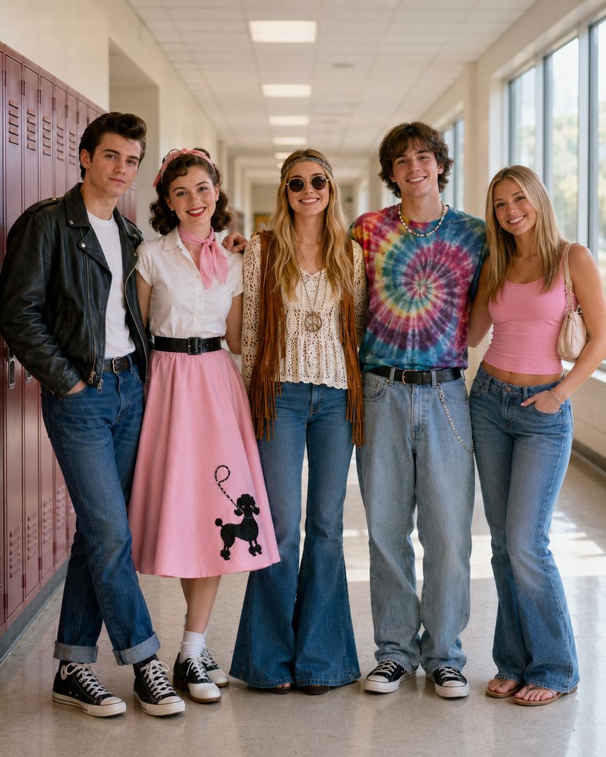 Five young adults in colorful, decade-themed outfits stand together in a hallway, smiling. Their styles range from 1950s to 1970s fashion, including a poodle skirt, tie-dye shirt, and flared jeans.