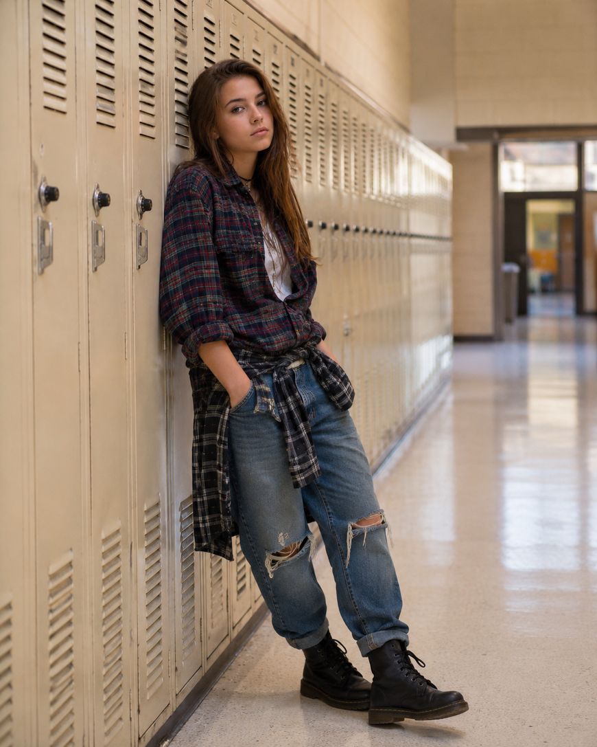 A young woman in a plaid shirt, ripped jeans, and boots leans against school lockers in a hallway, looking at the camera with a relaxed expression.