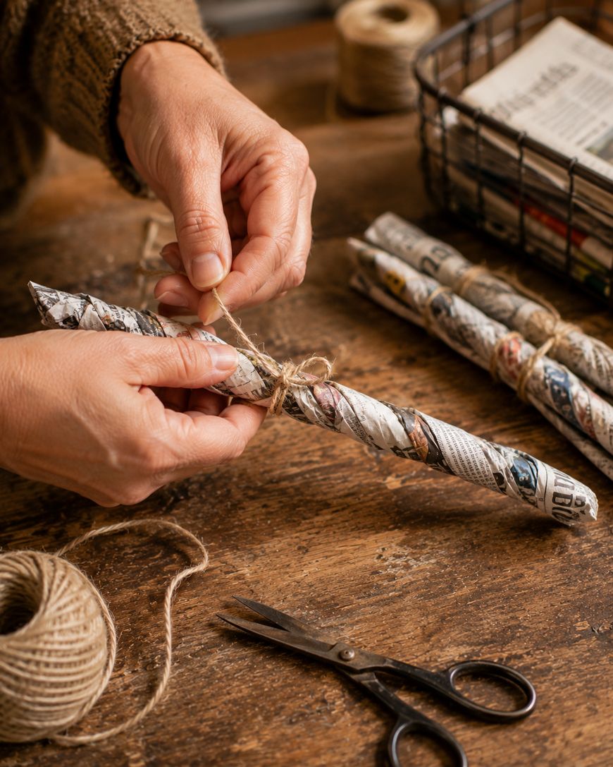 Hands tying twine around rolled-up newspaper sticks on a rustic wooden table. Nearby are scissors, a spool of twine, and a wire basket filled with more rolled newspapers.