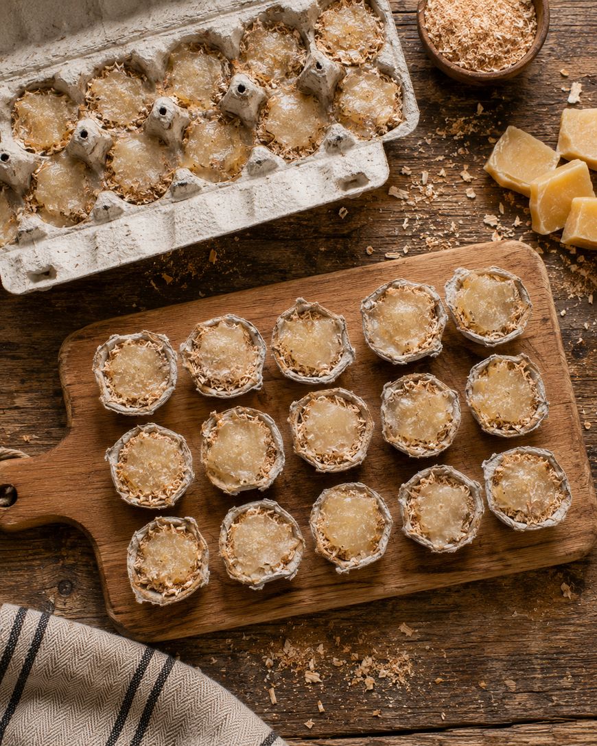 Egg carton sections filled with a golden mixture sit on a wooden board, sprinkled with powder. A partial carton, wood shavings, and chunks of solid yellow substance are nearby on a rustic wooden surface.