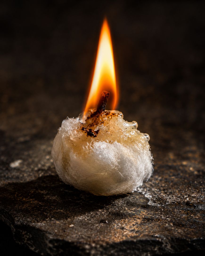 A small, round cotton ball embedded with wax burns with a bright flame on a dark, textured surface.