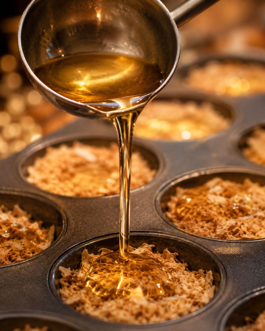 A metal ladle pours golden syrup into a muffin tin filled with a crumbly brown mixture, possibly for baking desserts.