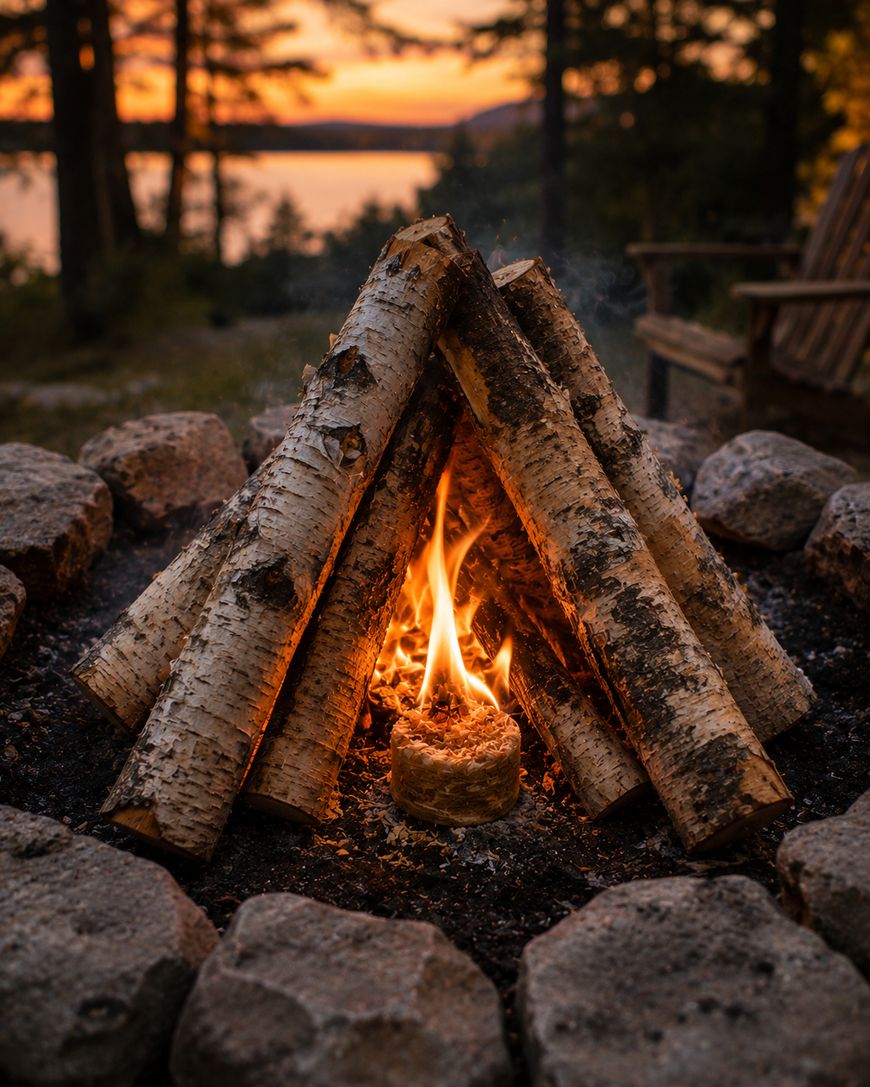 A campfire made of birch logs burns in a circle of stones, with trees, a lake, and an orange sunset in the background. Wooden chairs are visible to one side.
