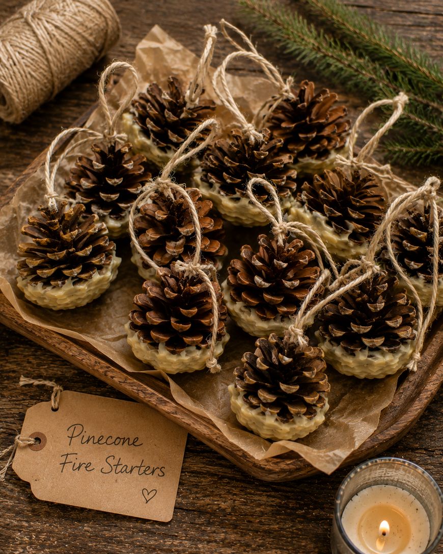 A tray with handmade pinecone fire starters, each coated at the base with wax and tied with twine loops. A candle, a sprig of greenery, a roll of twine, and a labeled tag reading Pinecone Fire Starters are nearby.