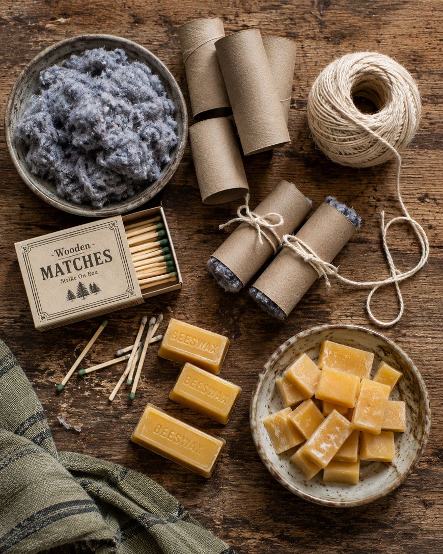 A flat lay of homemade fire starter materials: a bowl of dryer lint, cardboard tubes, twine, wooden matches, and a bowl of beeswax blocks on a rustic wooden surface. A green cloth is partially visible in the corner.