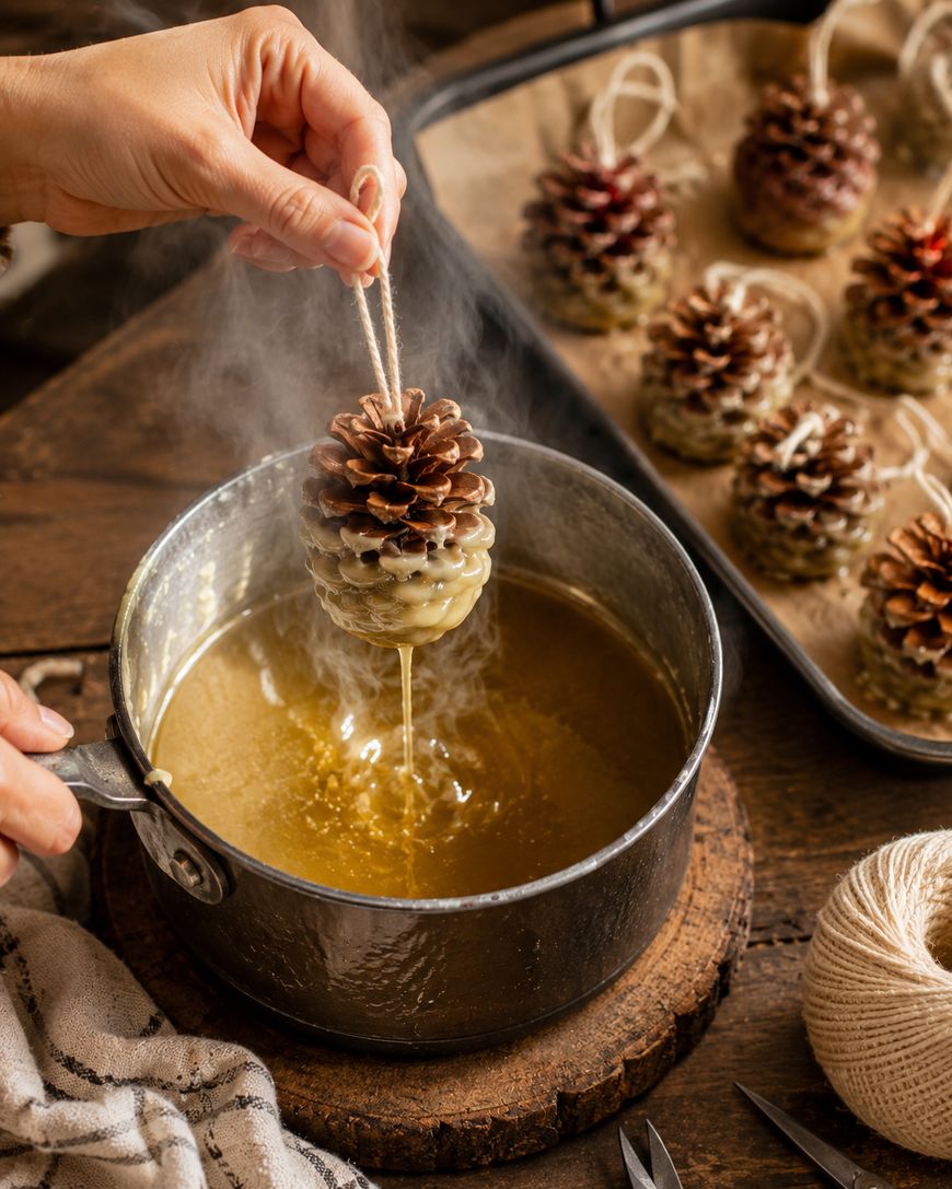 A hand dips a pine cone with string into a pot of melted wax. More wax-coated pine cones dry on a tray in the background, and a ball of twine sits nearby on a wooden table.
