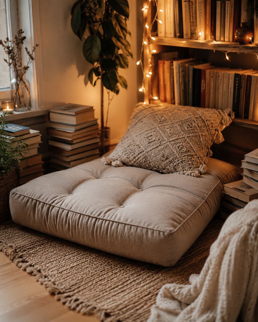 A cozy reading nook with a floor cushion, textured pillow, bookshelves, stacked books, a woven rug, string lights, a plant, and warm lighting creates a relaxing atmosphere.